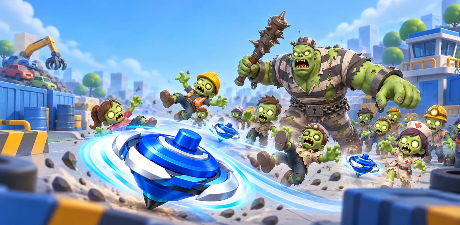 Spin Rampage key art: a blue spinning top tearing through a zombie horde in a city scrapyard