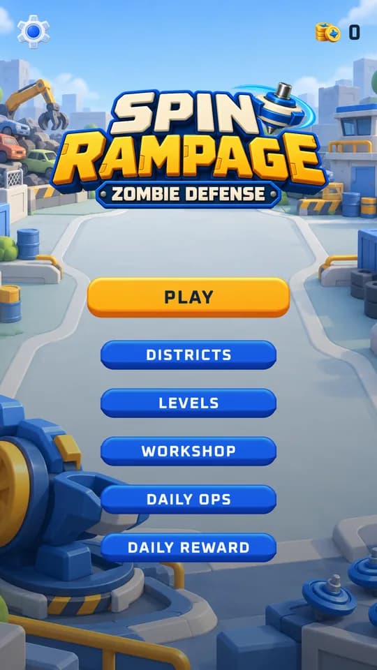 Spin Rampage main menu on a phone: Play, Districts, Levels, Workshop, Daily Ops and Daily Reward