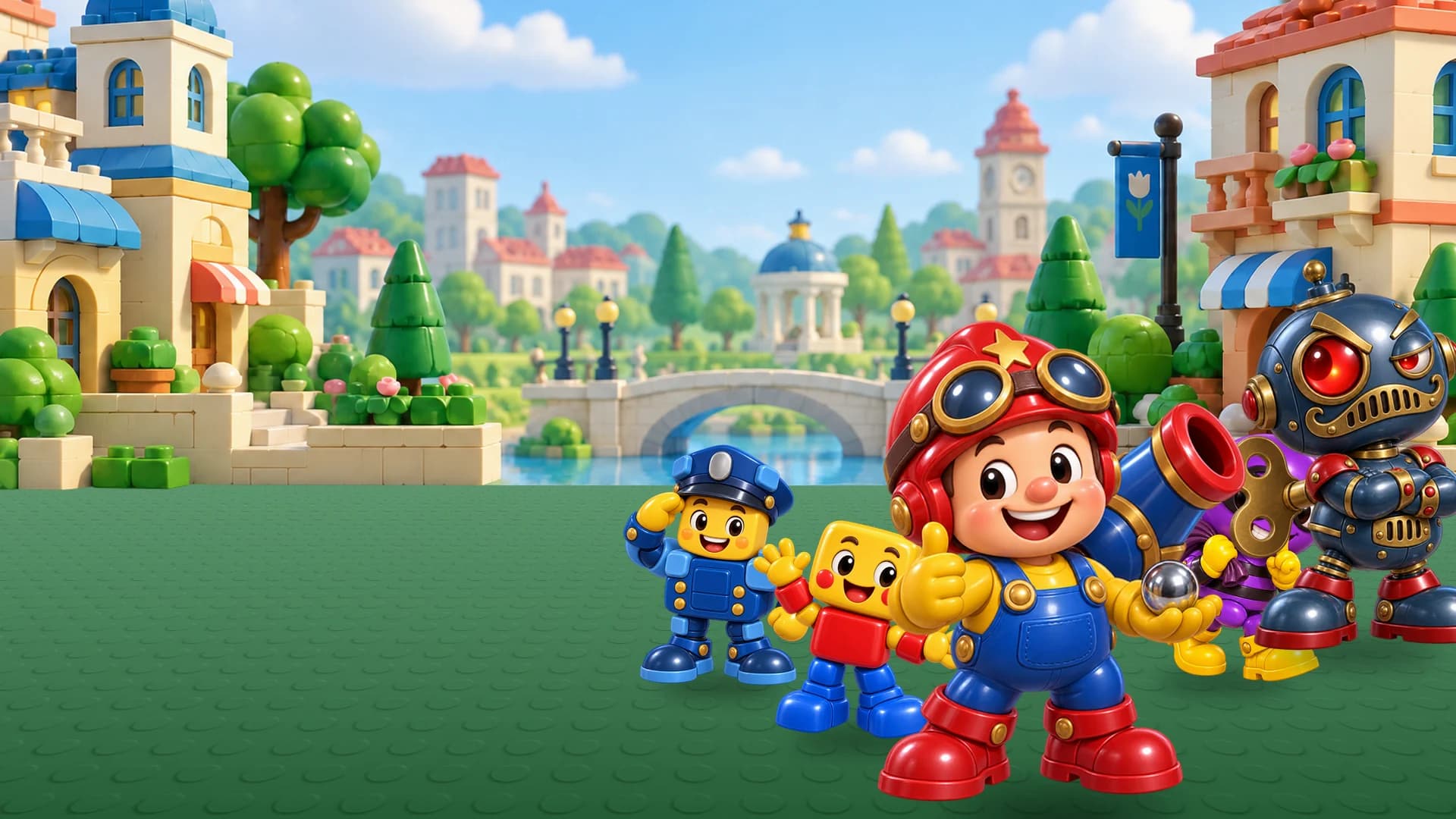 ToyTopple key art: Topple the toy cannoneer, toy friends and Gizmo the robot in Brick City