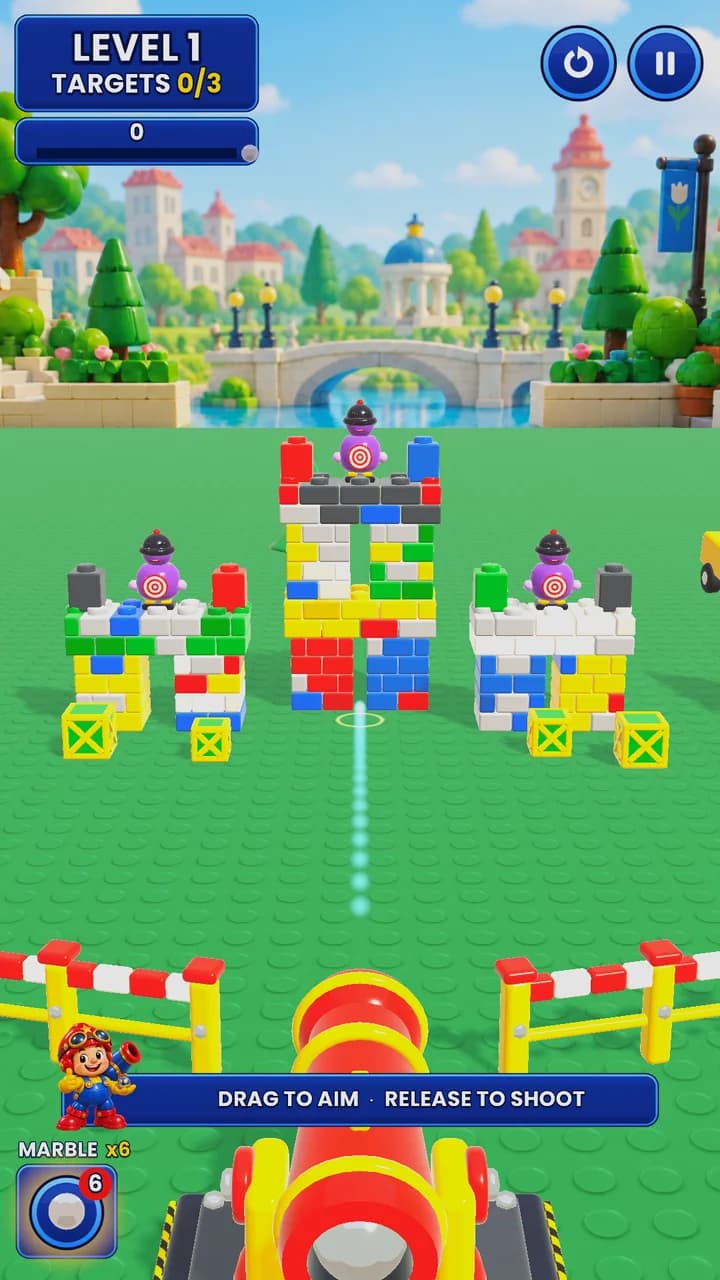 ToyTopple gameplay on a phone: aiming the cannon at brick forts in Brick City