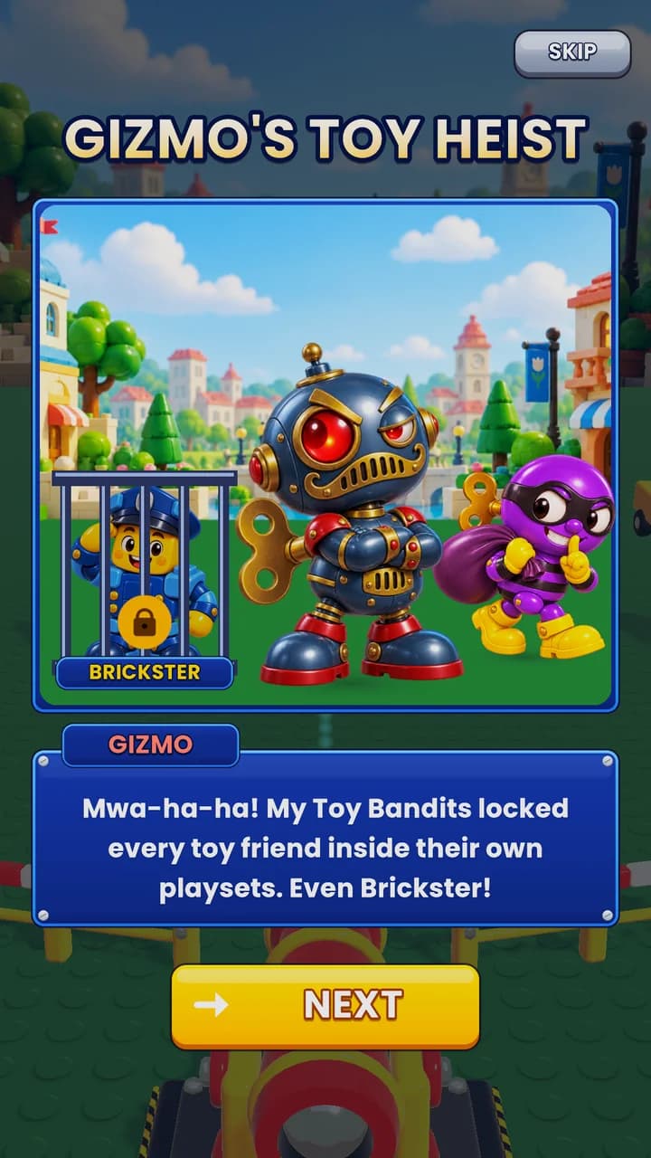 Story card: Gizmo boasts about his toy heist
